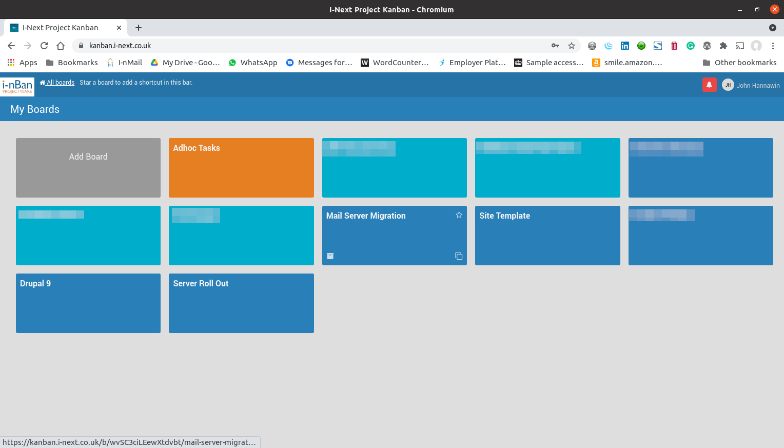 I-nBan user home page showing boards