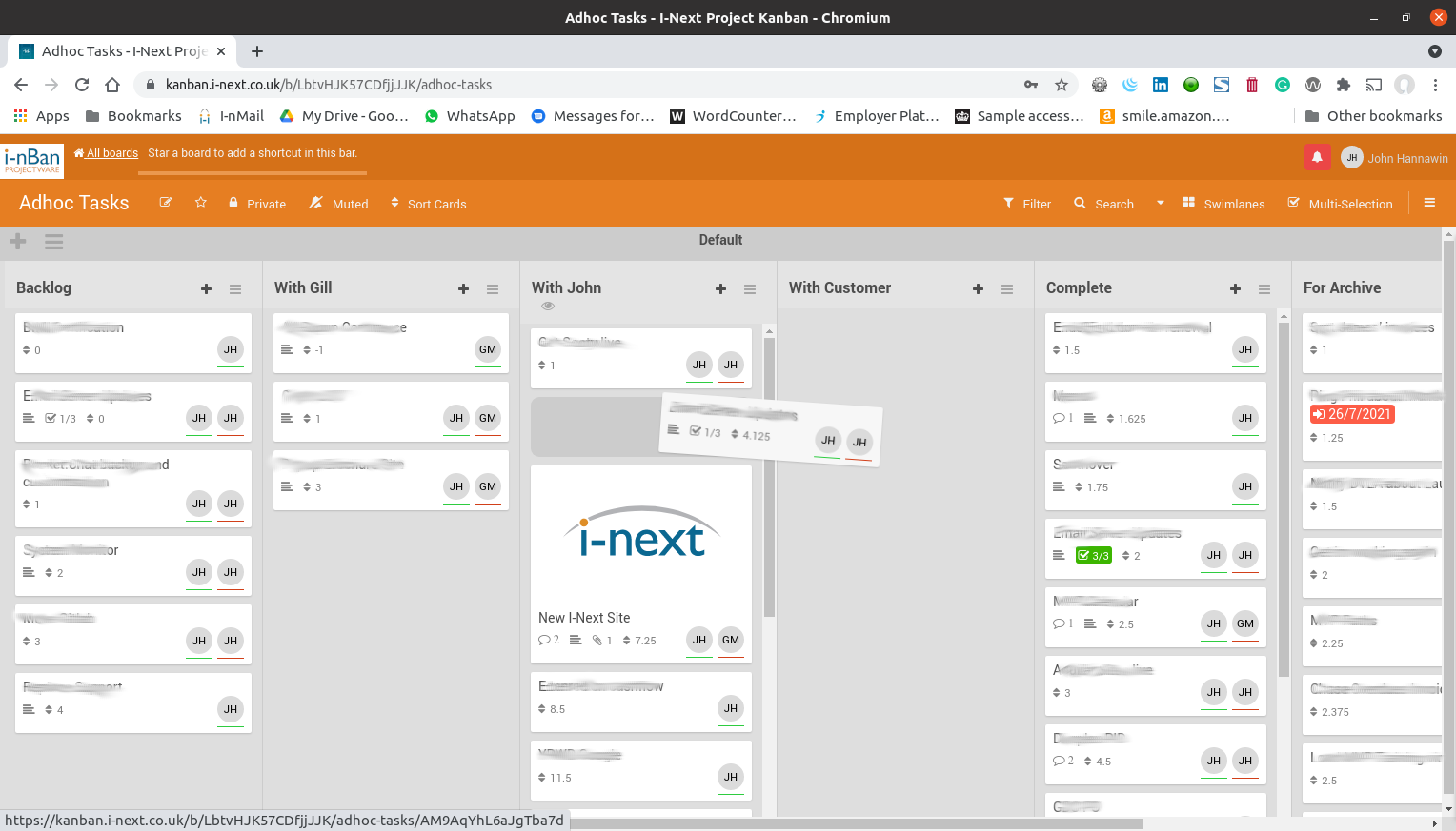 I-nBan project board showing a card being dragged between lists