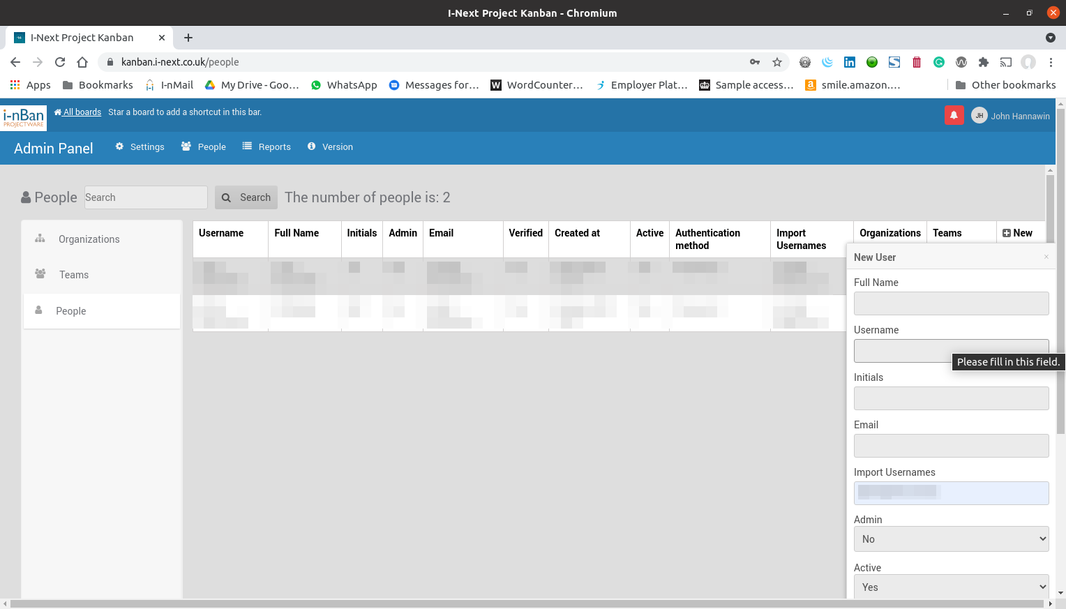 In-Ban admin area showing adding a new user